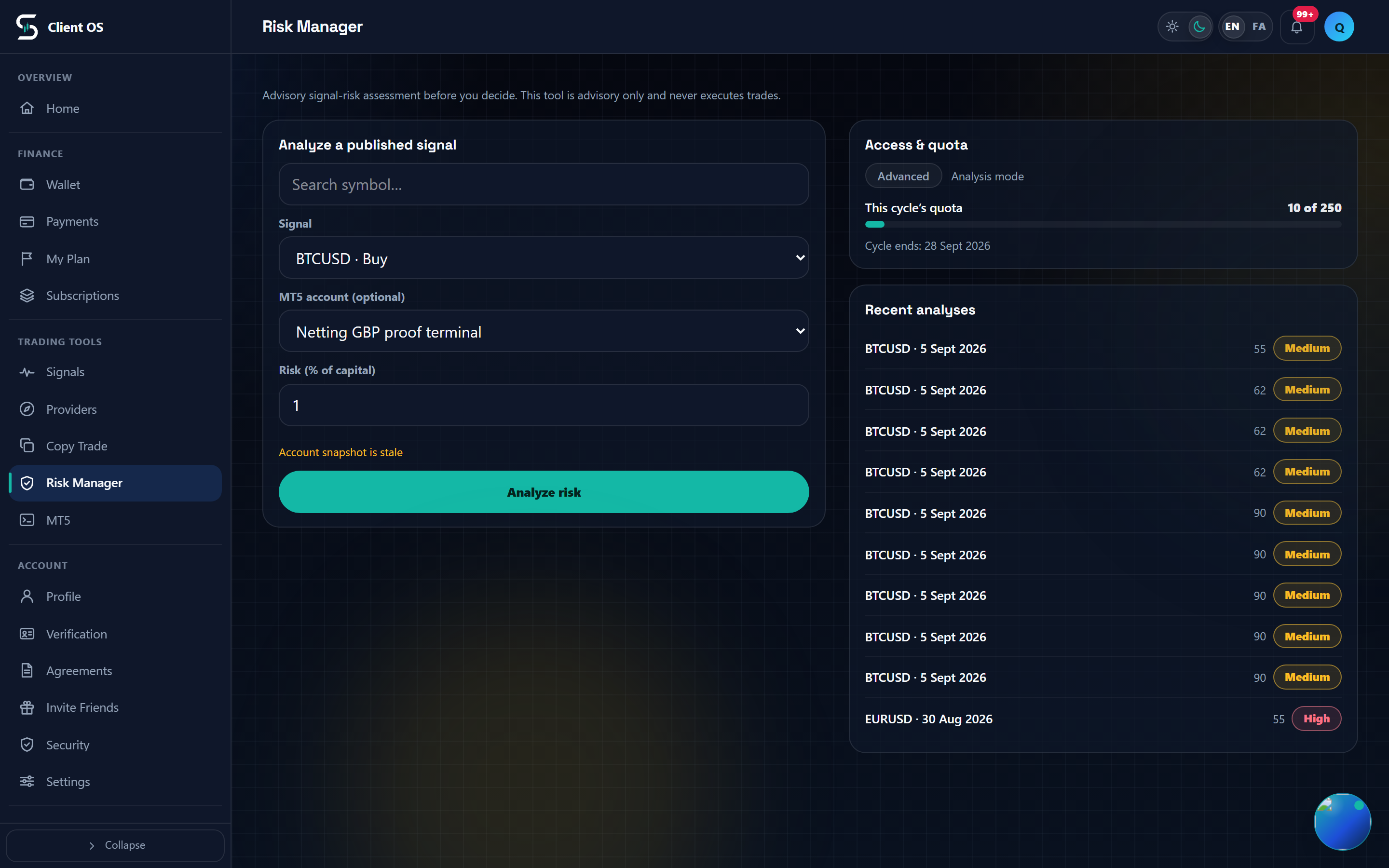 The Risk Manager page on desktop, showing the analysis card and the quota card