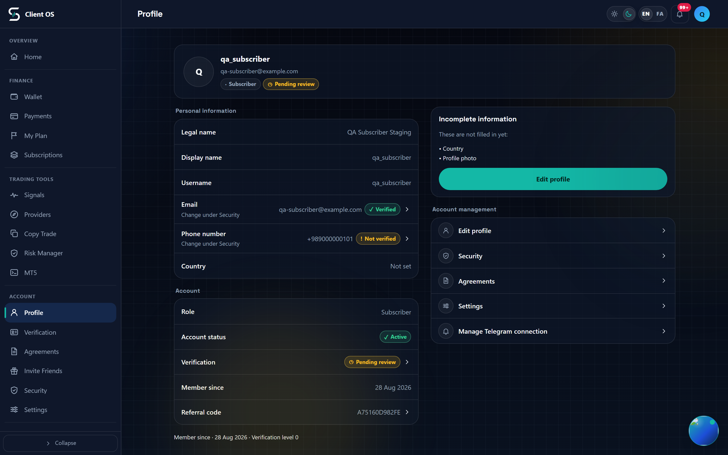 The Personal information section on the Profile page