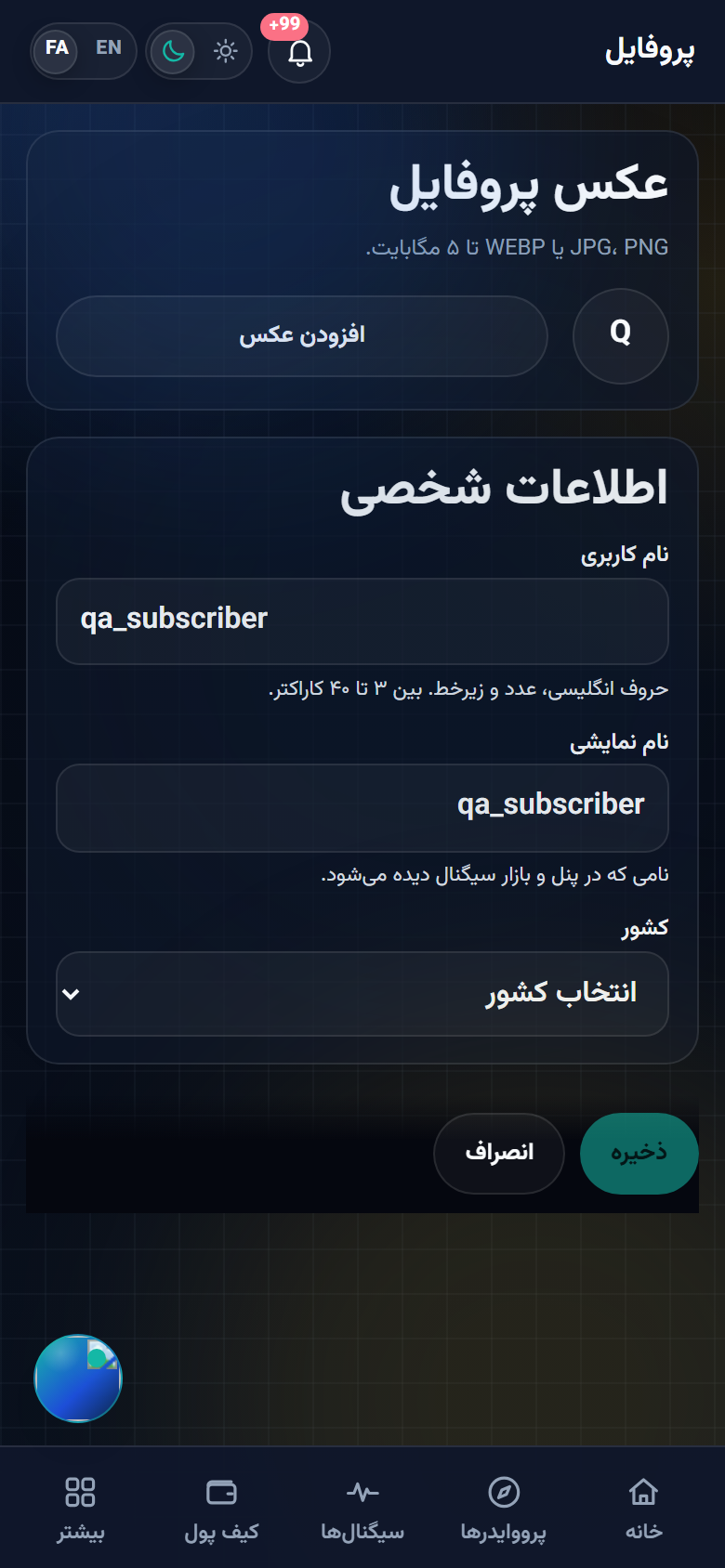 همان فرم ویرایش پروفایل روی نمایشگر گوشی