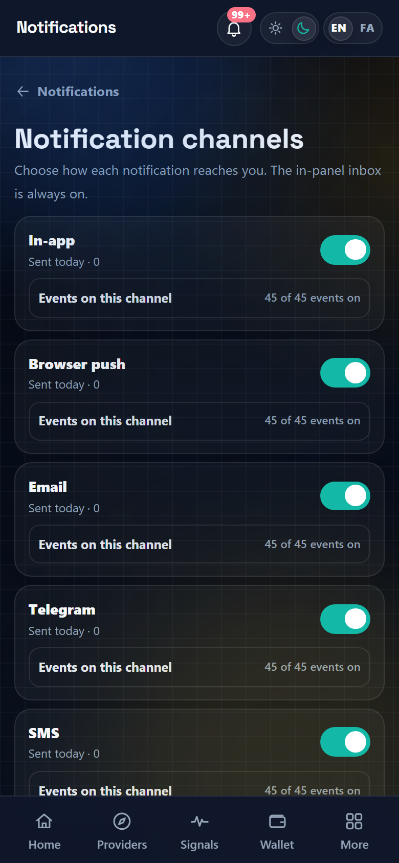 The same Notification channels page on a phone screen