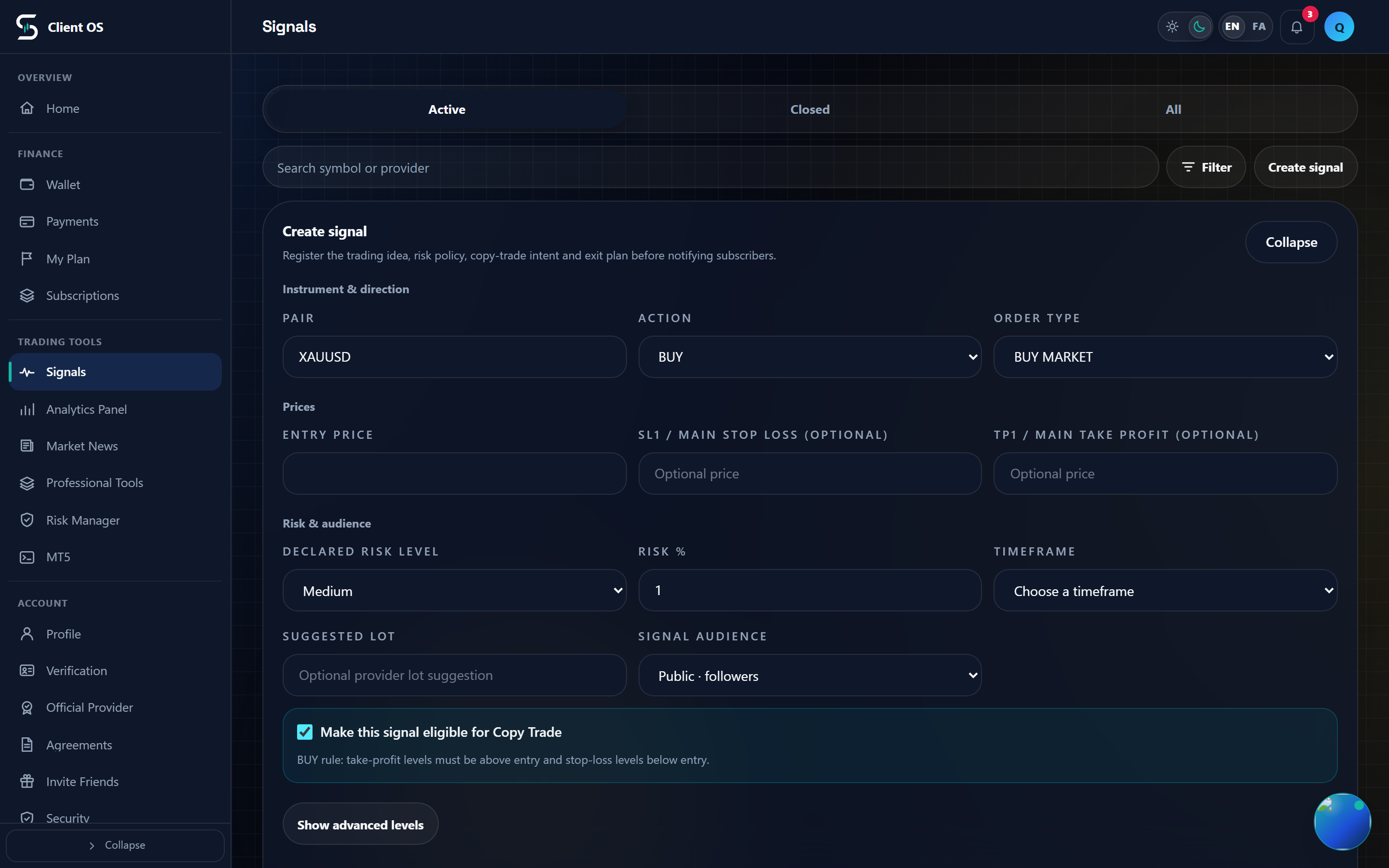 The publish console with Instrument and direction, Prices, and Risk and audience