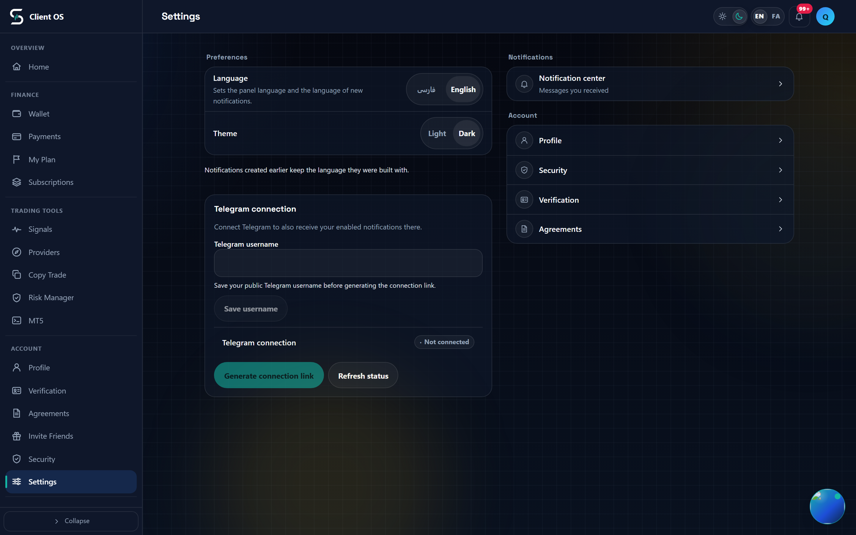 The Telegram connection card on the Settings page, desktop view