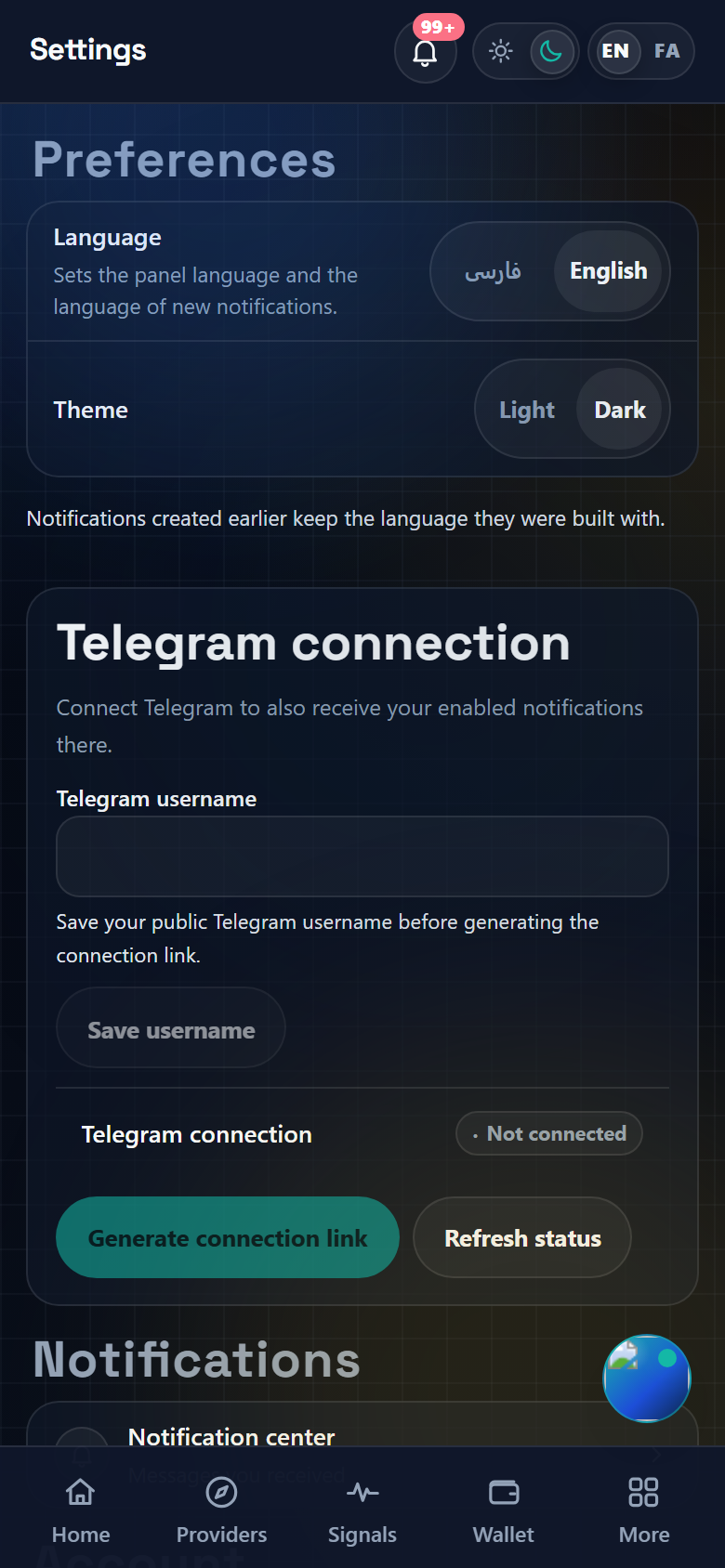The Telegram connection card on the Settings page, mobile view
