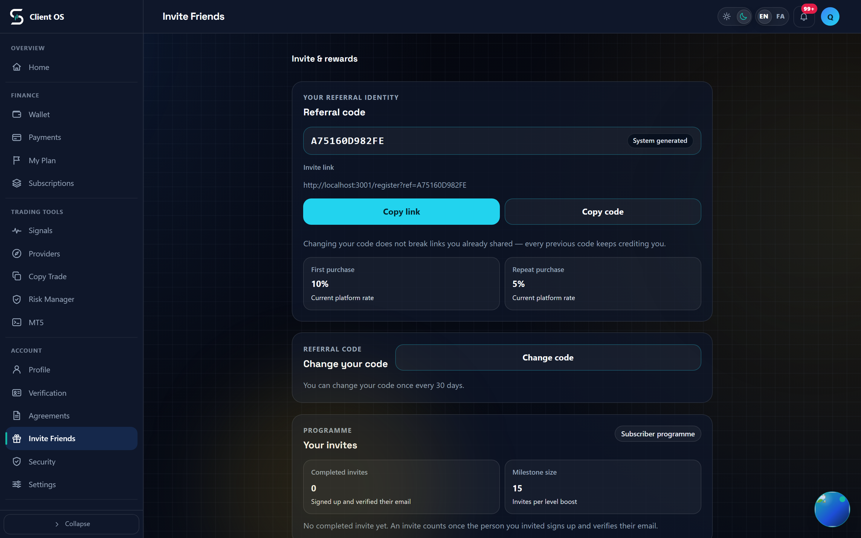 The referrals page with the reward tiles and the Withdraw in Wallet link