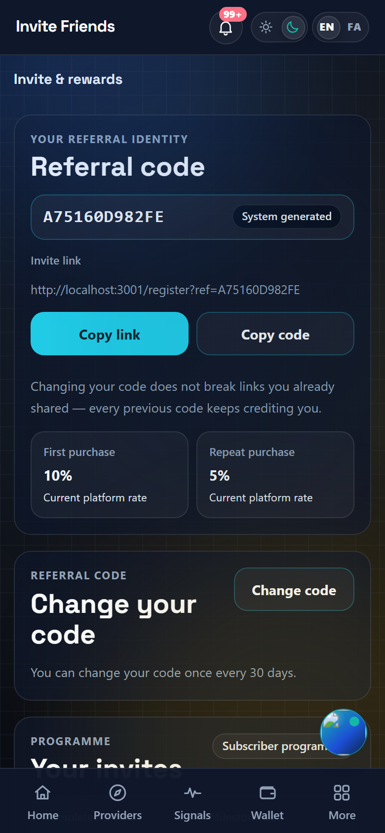 The same reward tiles and Withdraw in Wallet link at mobile width