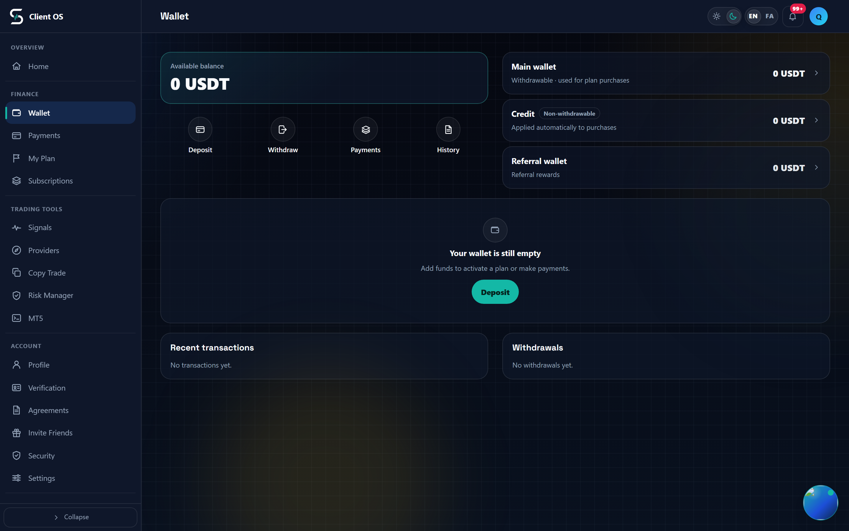 The wallet balance card showing Available balance with the action row including Withdraw